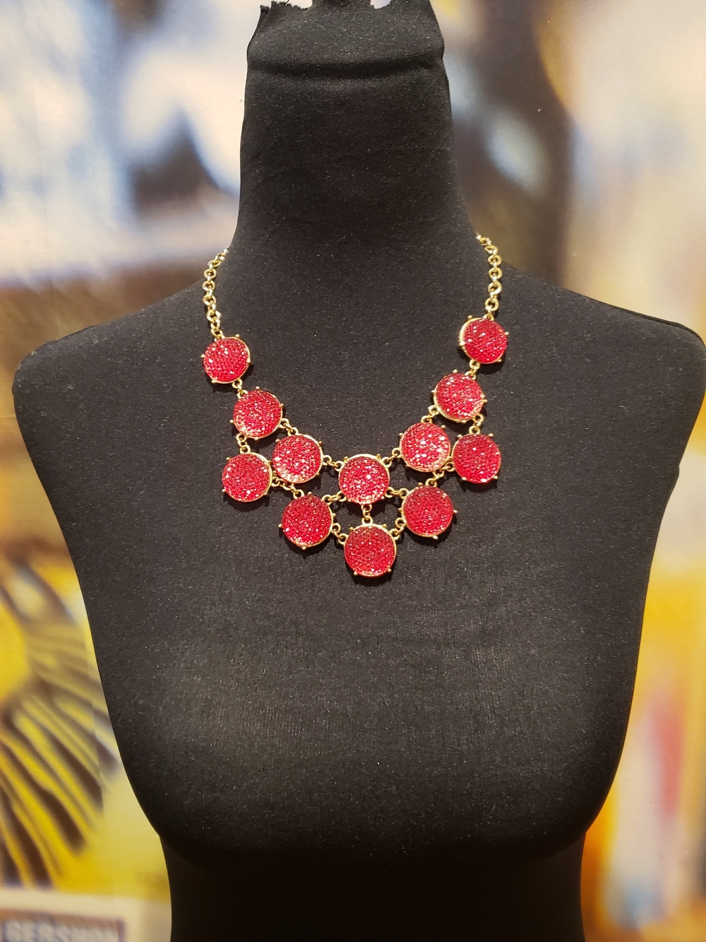Red Glitter Statement Bib Necklace – Gold-Tone Chain & Sparkle Disc Drops